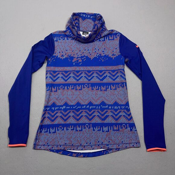 Nike Pro Dri-FIT Top Women Medium Blue Fair Isle‎ Print Long Sleeve Funnel Neck - Picture 1 of 10